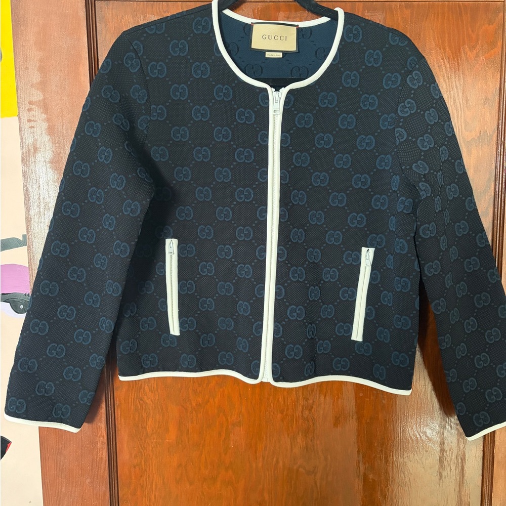 Gucci Women's Navy Jacket with White Trim